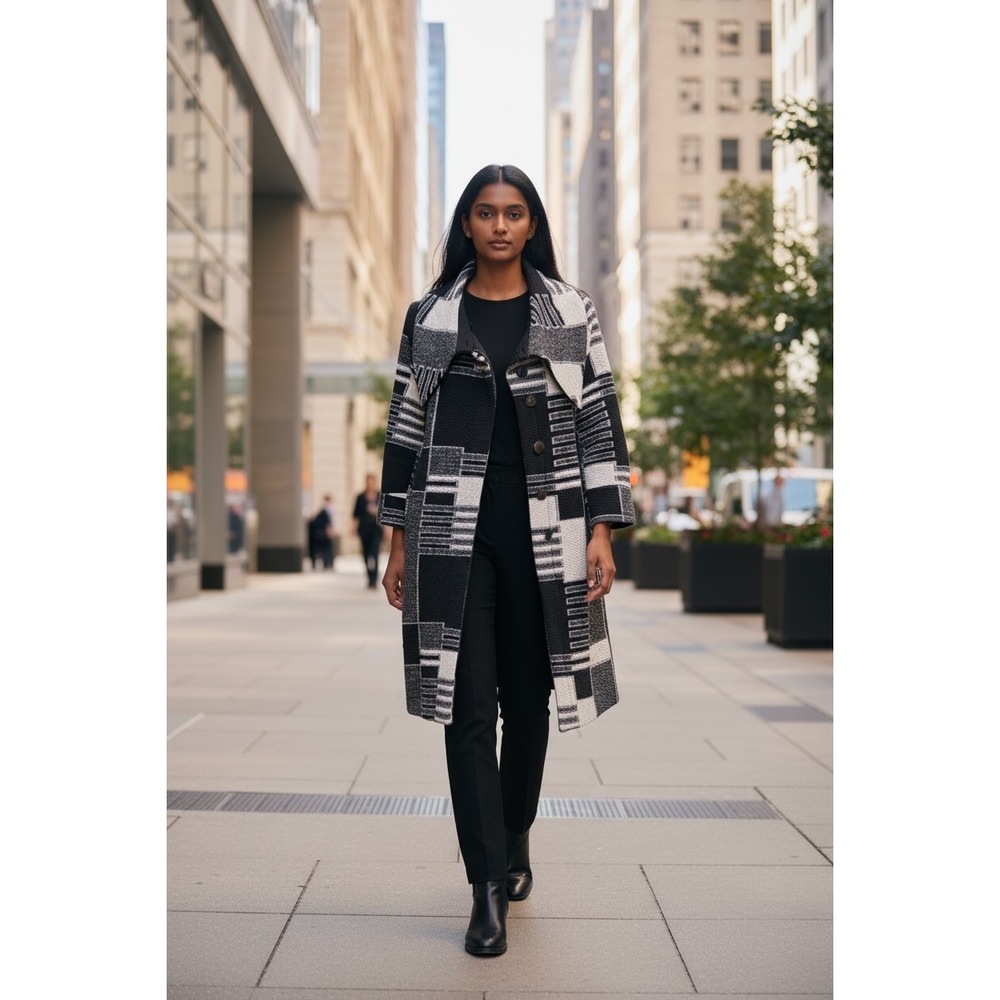 Geometric Patchwork Collarless Long Sleeve Coat W… - image 5